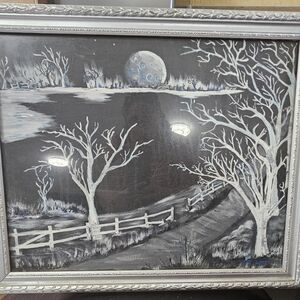 Framed Black & White Moonlit Landscape Wall Art